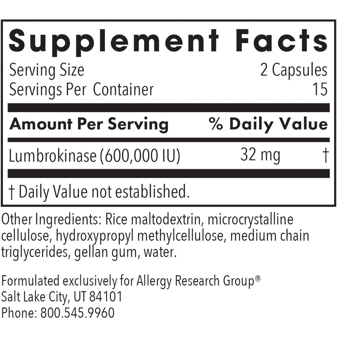 Lumbrokinase supplement facts, 15 servings per container