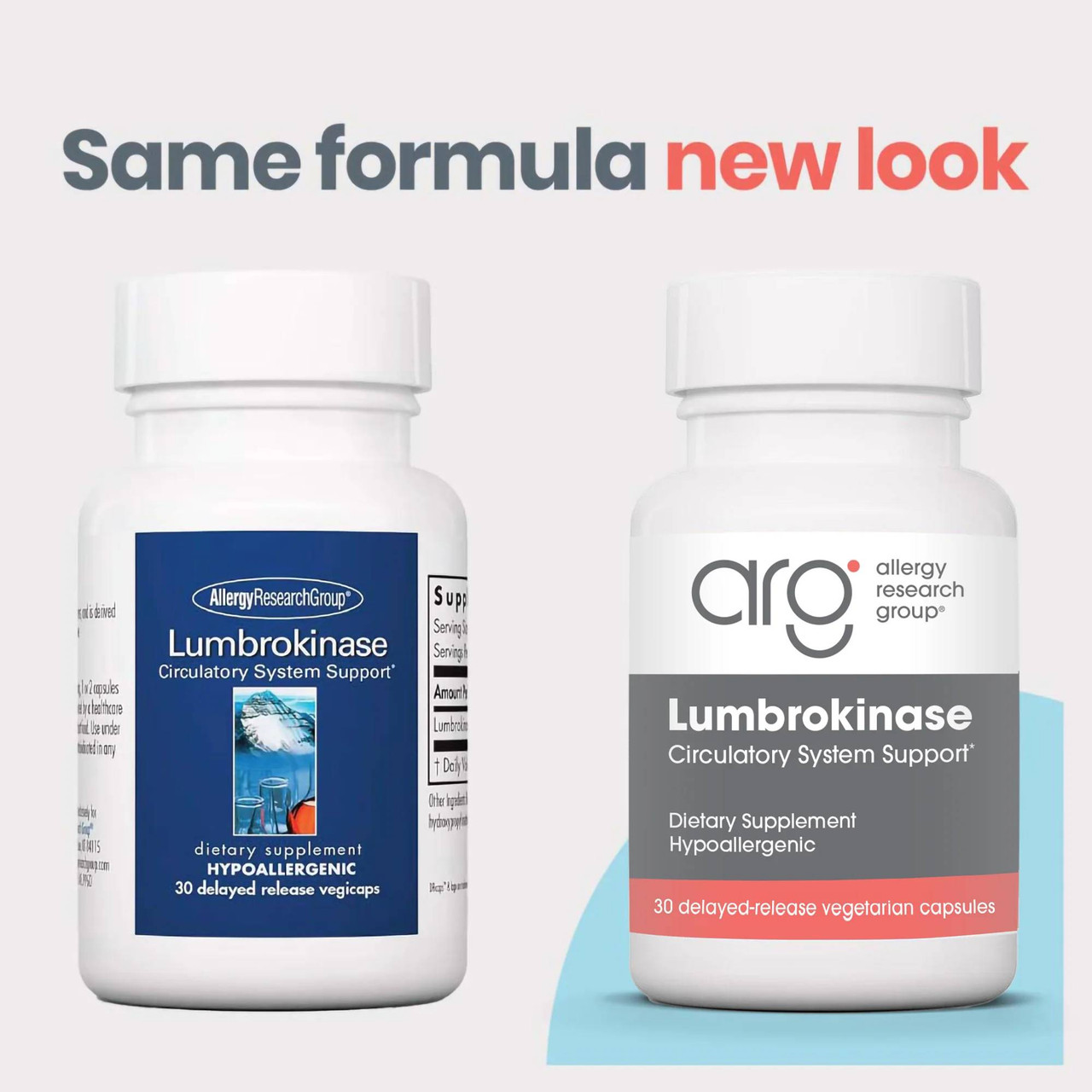 Old and new Lumbrokinase bottles side by side, same formula new look