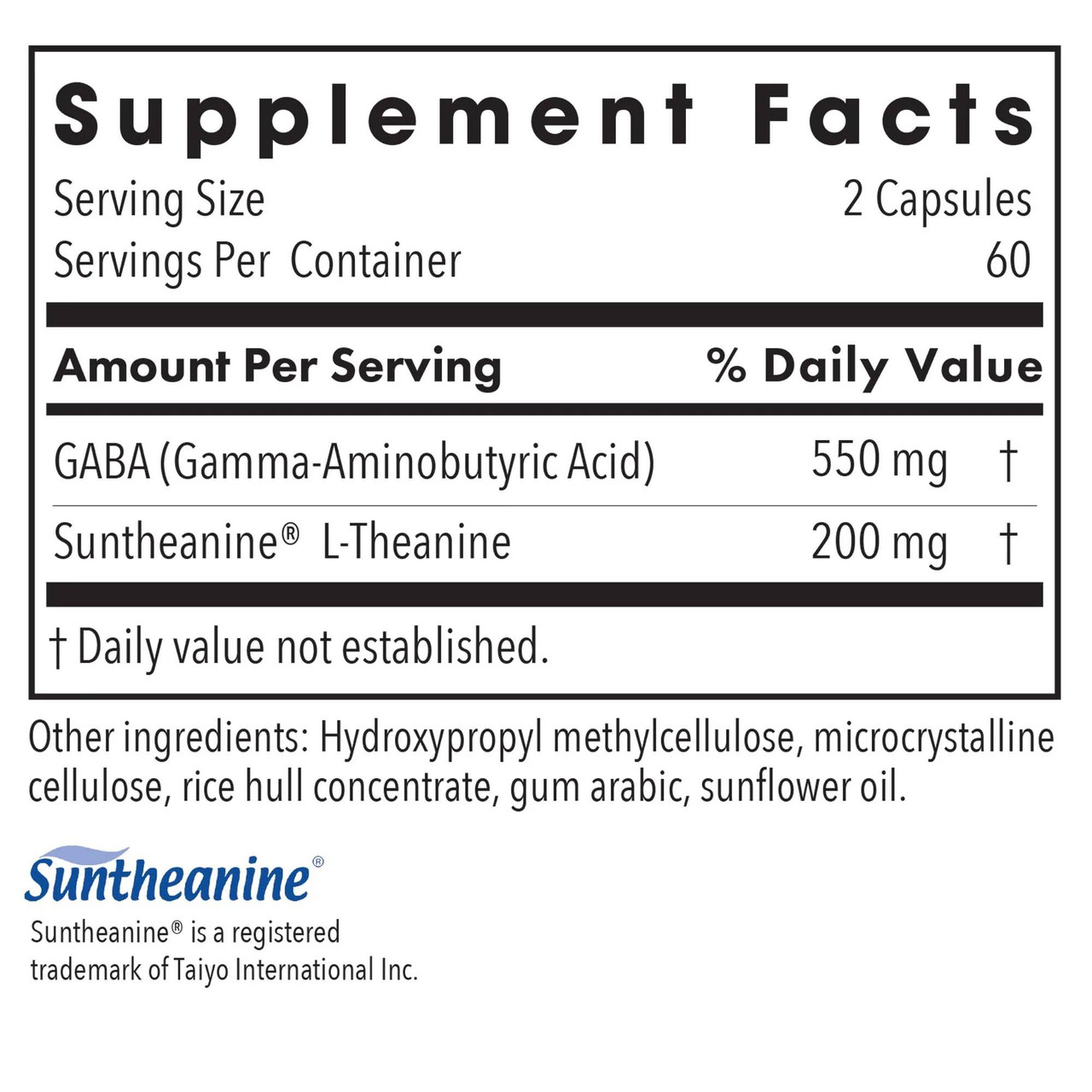 Zen supplement facts, GABA and Suntheanine L-theanine, 60 servings