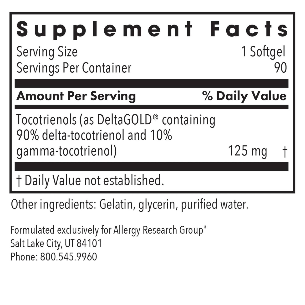 Delta-Fraction Tocotrienols supplement facts panel, 1 softgel serving, 90 servings