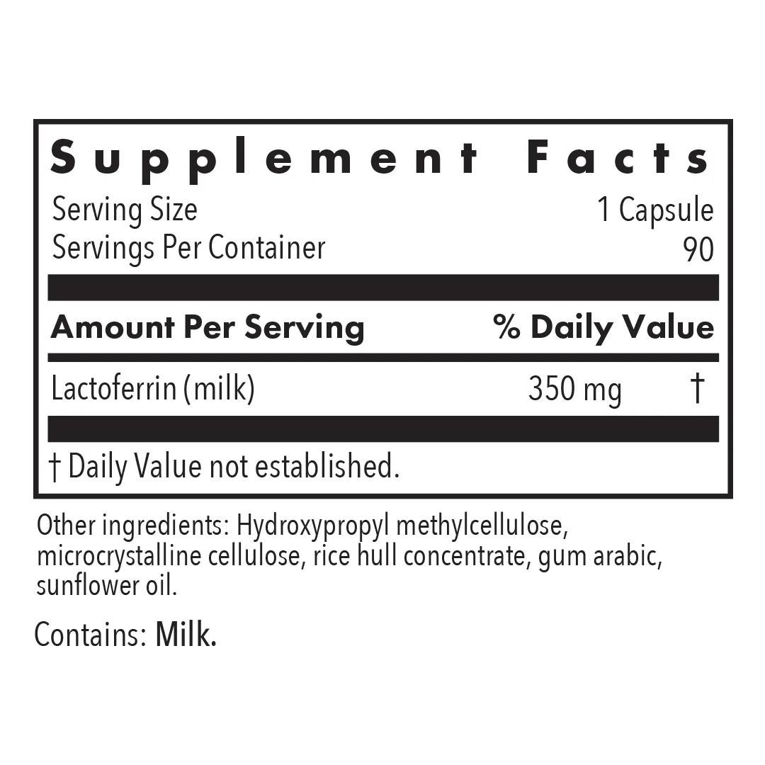 Laktoferrin supplement facts panel, 90 capsule size