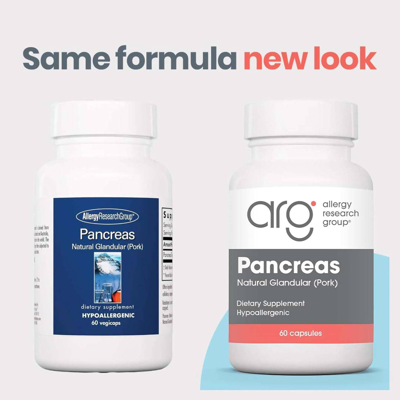 Old and new Pancreas bottle designs, same formula new look