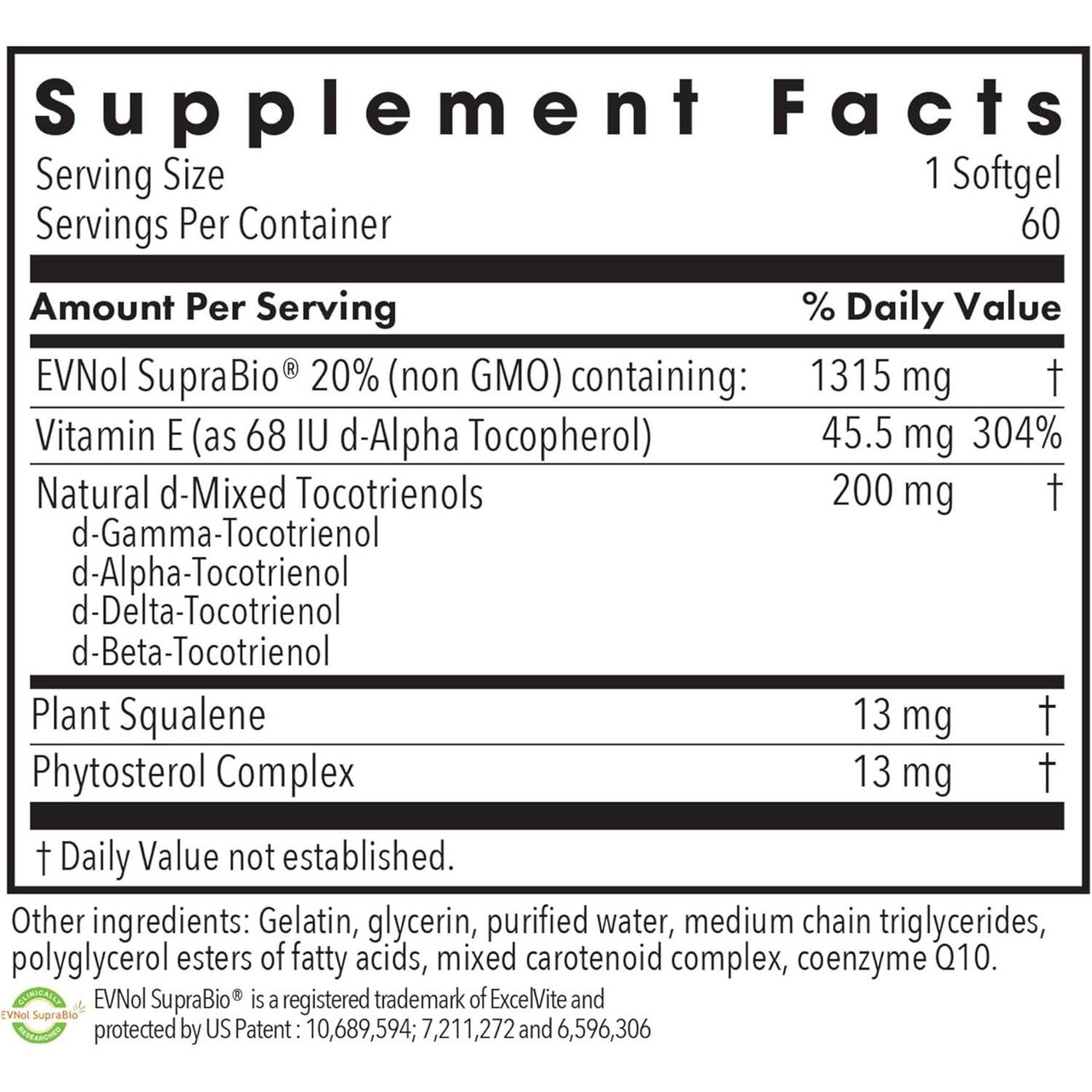 Tocomin SupraBio supplement facts panel, 60 servings