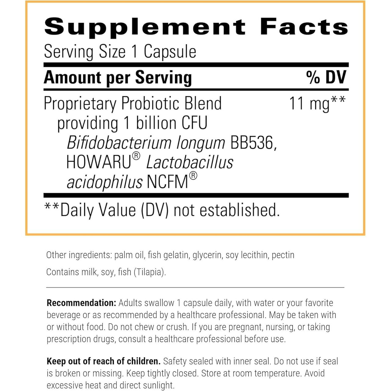 Probiotic Pearls supplement facts panel, 1 billion CFU per pearl