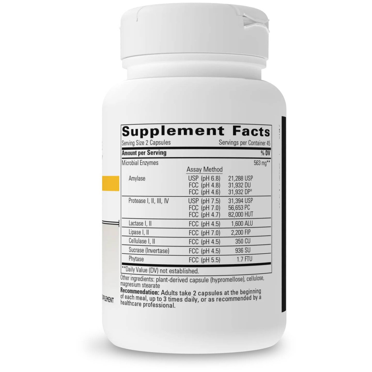 Similase bottle back label with supplement facts and enzyme assay values