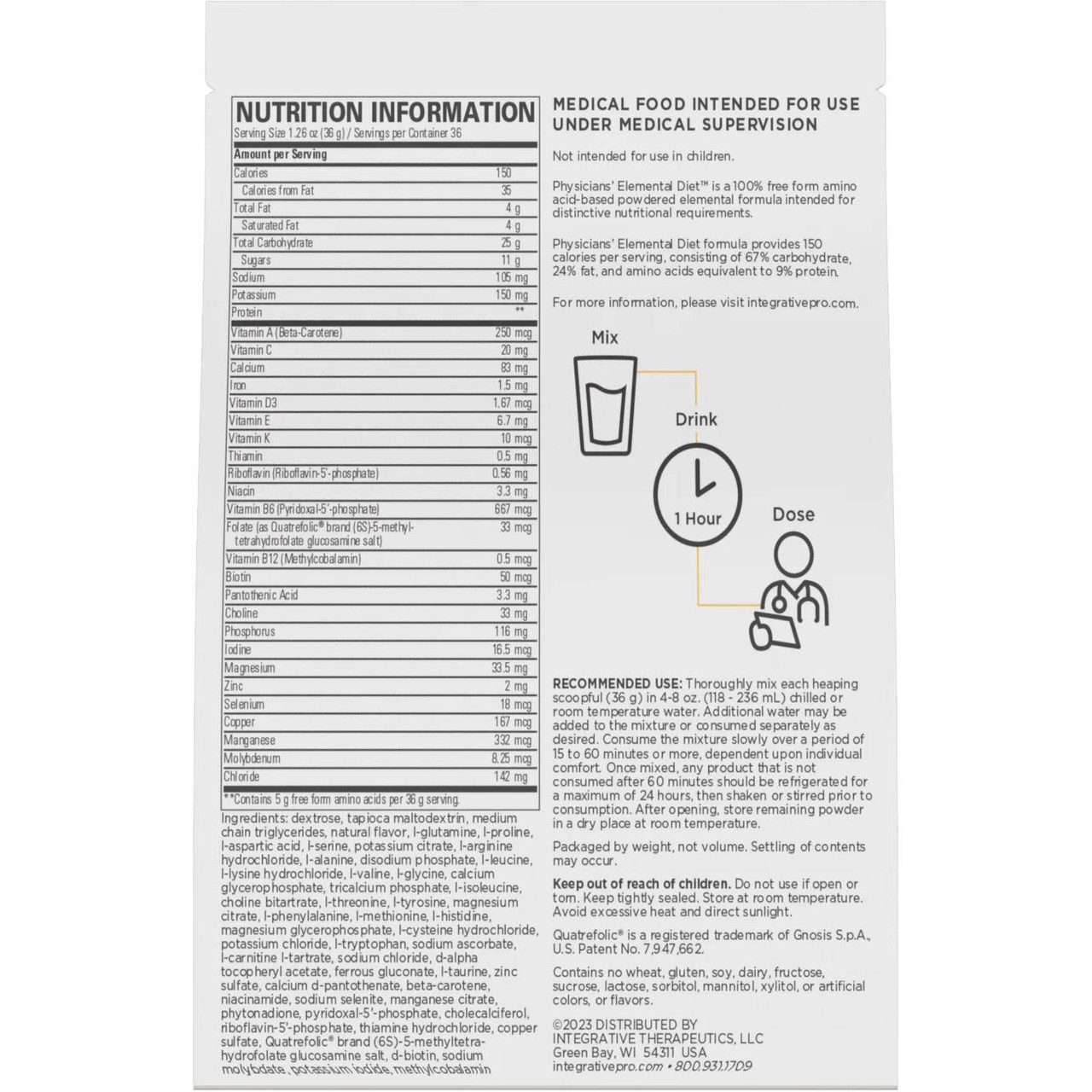 Physicians' Elemental Diet nutrition information and mixing directions panel