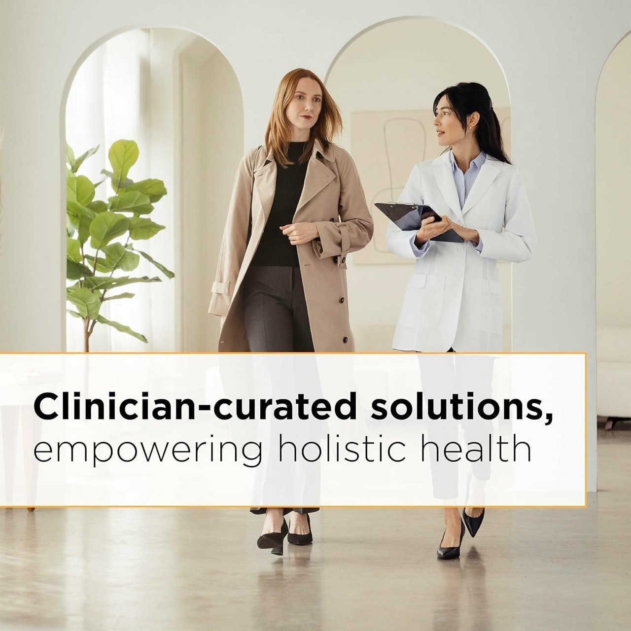Two women walking and talking with clinician-curated solutions text