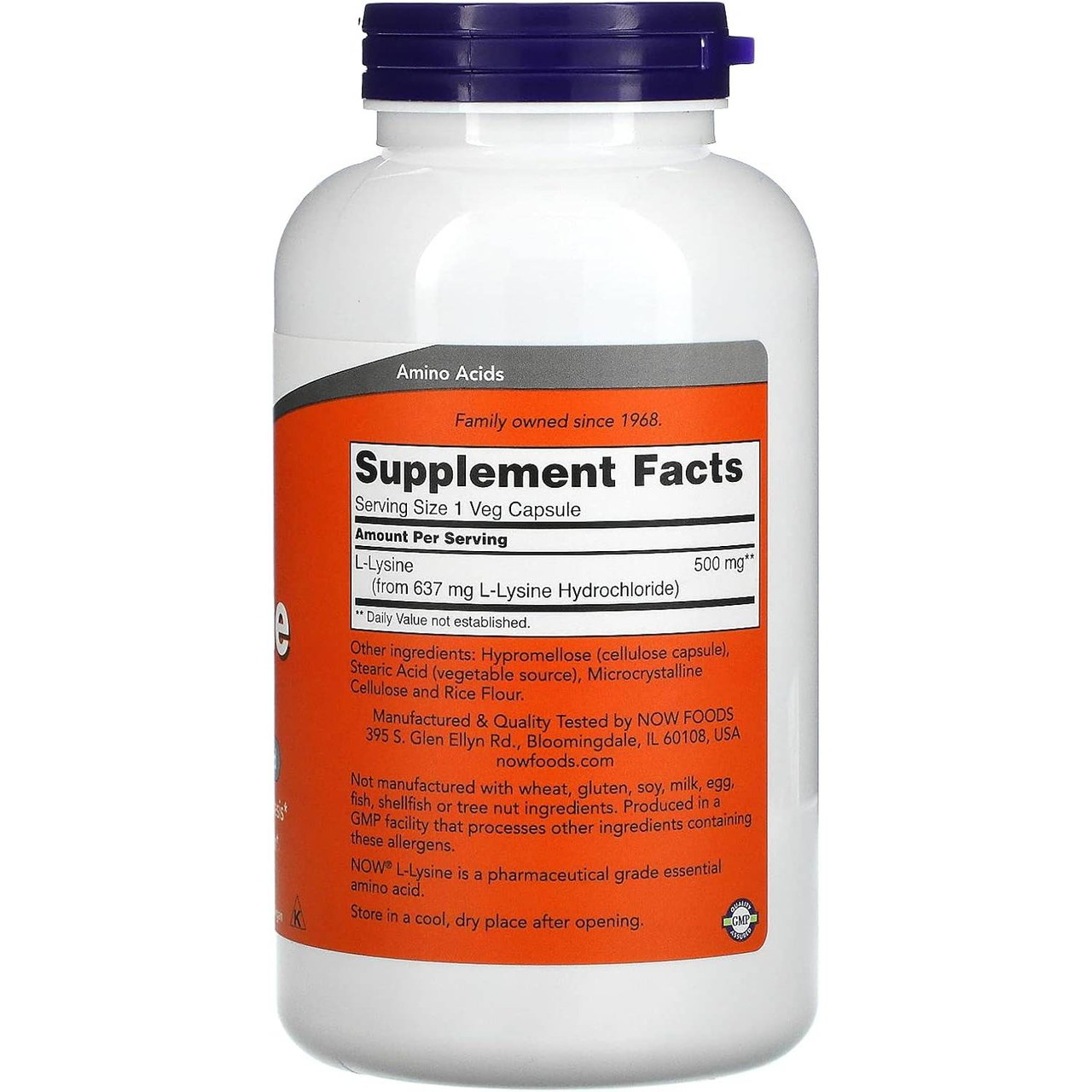 L-Lysine 250 capsule bottle side with supplement facts