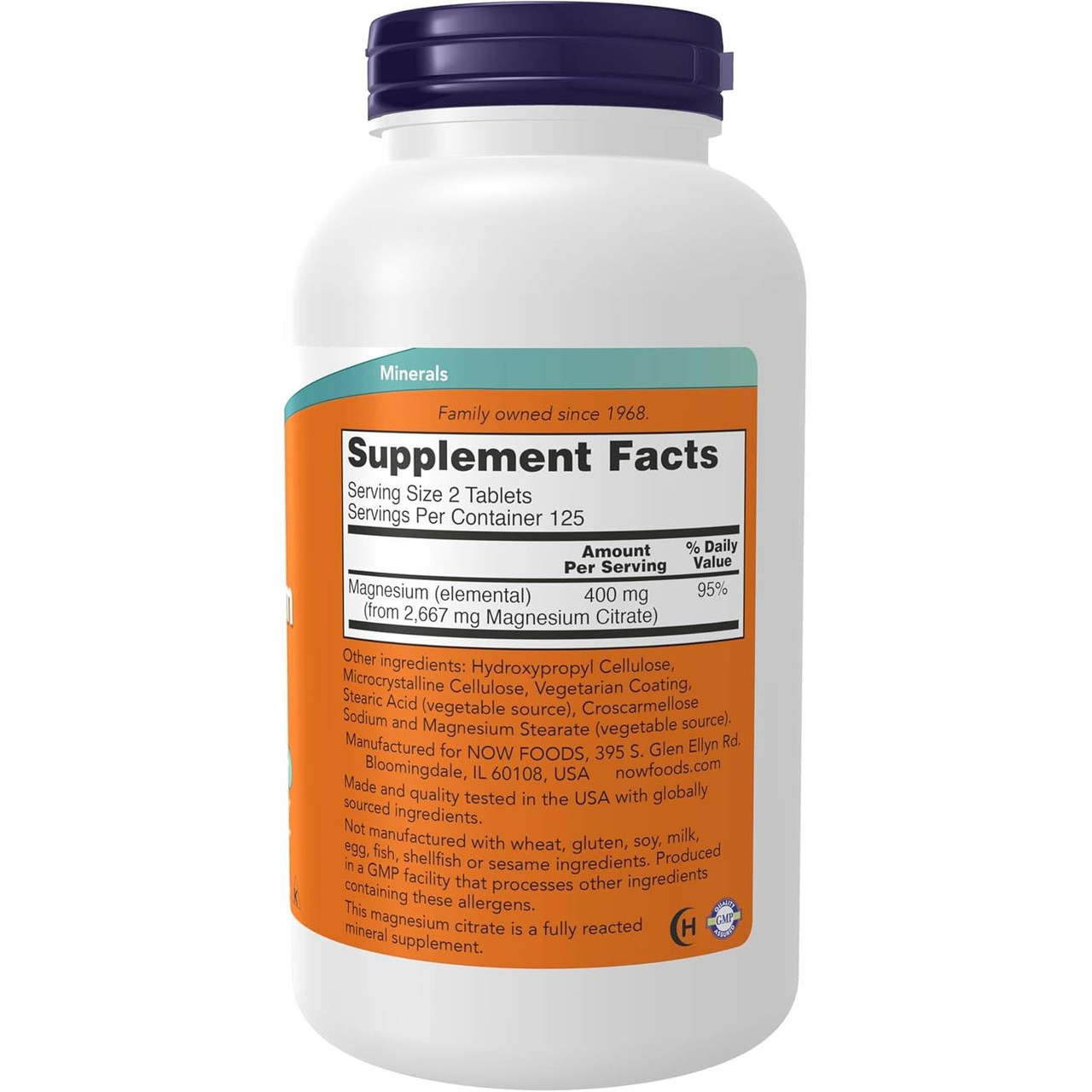 Back of Magnesium Citrate 250 tablet bottle with supplement facts panel