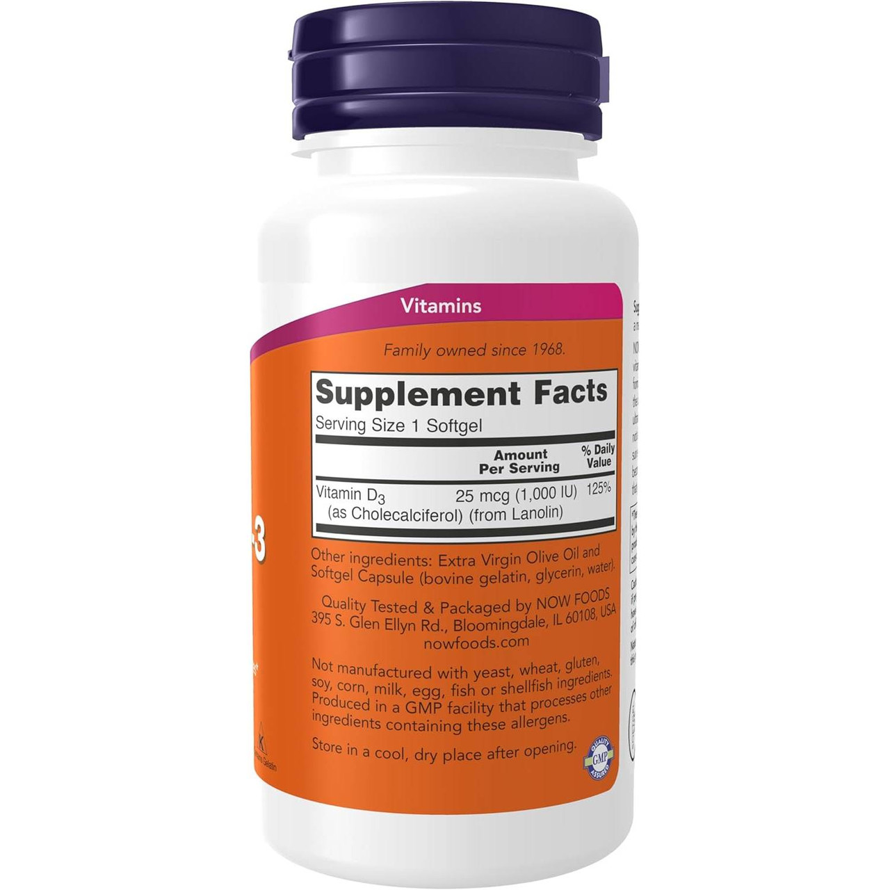 Vitamin D-3 180 softgel bottle side with supplement facts