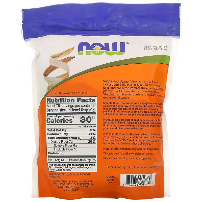 Back of Psyllium Husk Powder bag with nutrition facts and suggested use