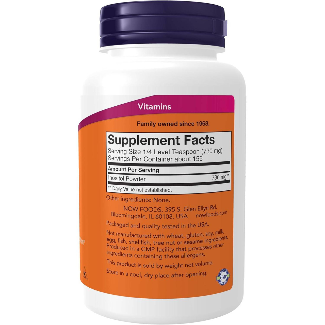 Inositol Powder jar back with supplement facts, 1/4 level teaspoon serving