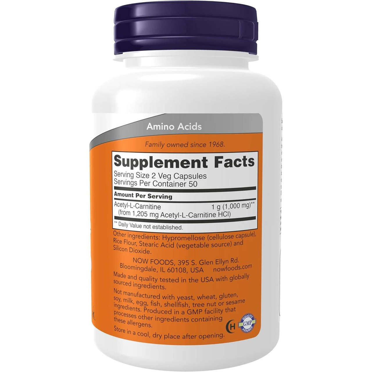 Back of Acetyl-L-Carnitine 100 capsule bottle with supplement facts panel