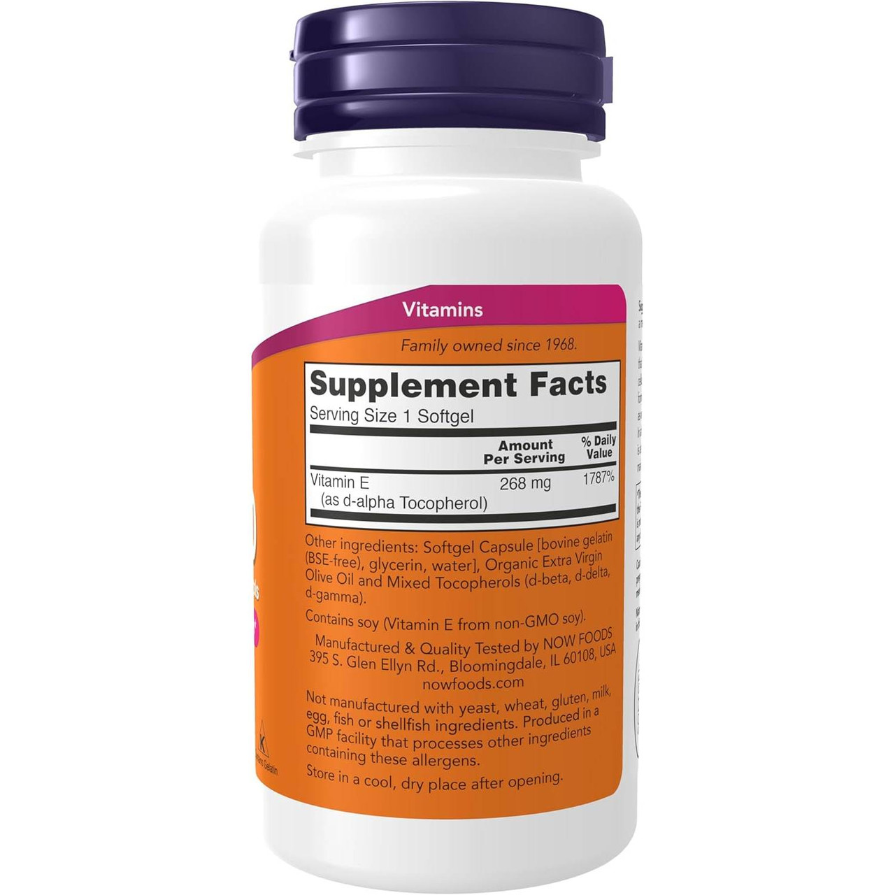 Back of E-400 100 softgel bottle with supplement facts panel
