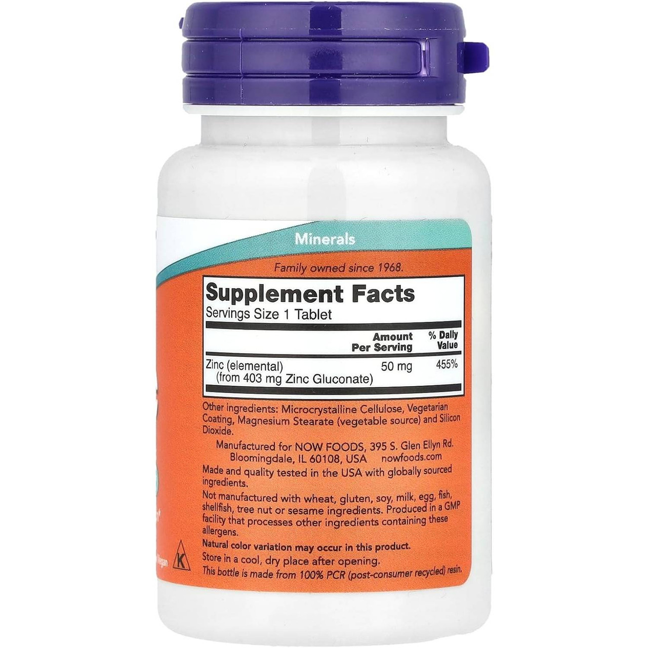 Back of Zinc 100 tablet bottle with supplement facts panel