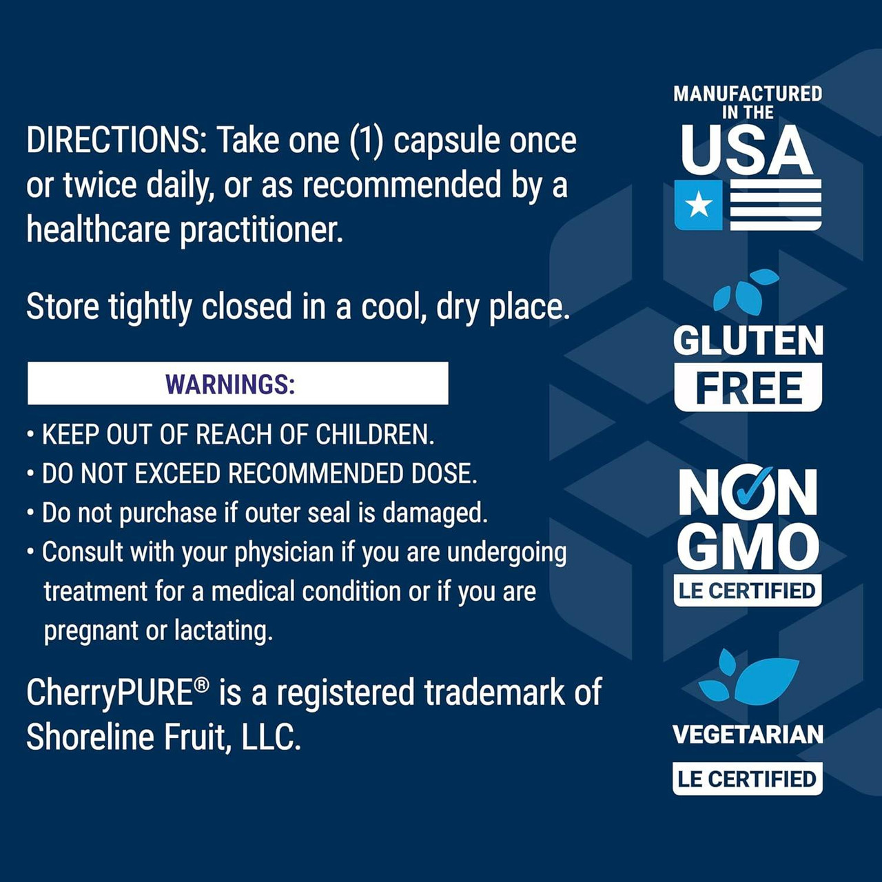 Tart Cherry directions and warnings with made in USA, gluten free, non-GMO and vegetarian icons