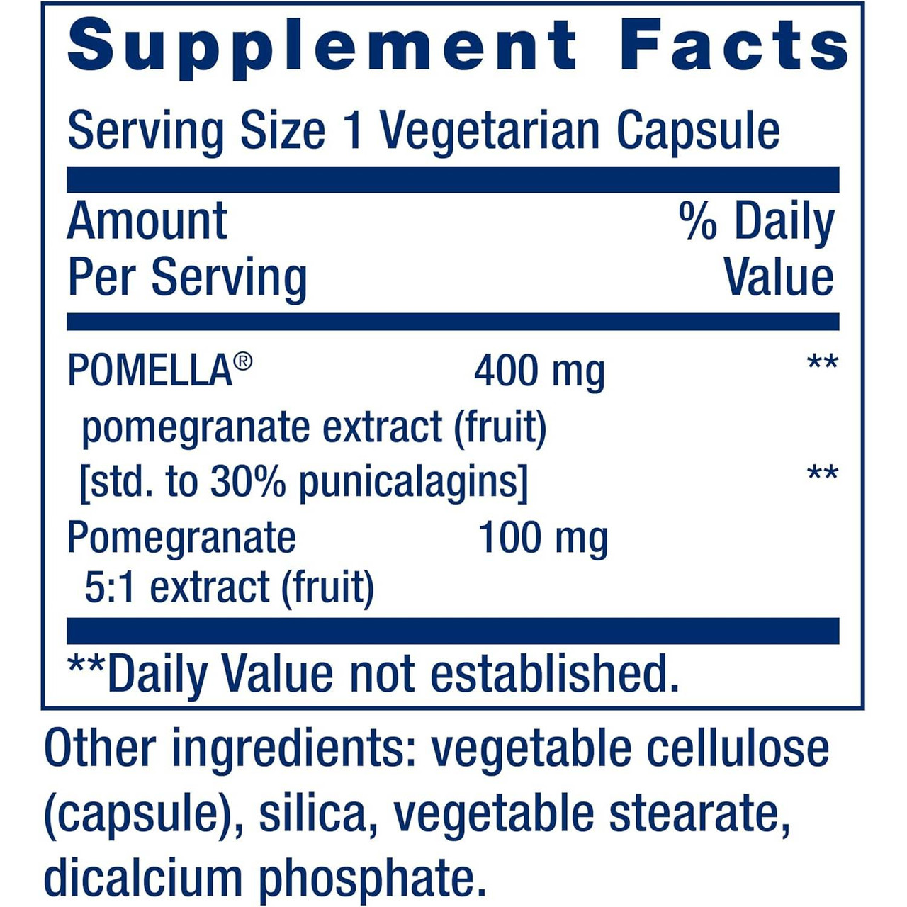 Pomegranate supplement facts, 400 mg POMELLA pomegranate extract and 100 mg 5:1 extract