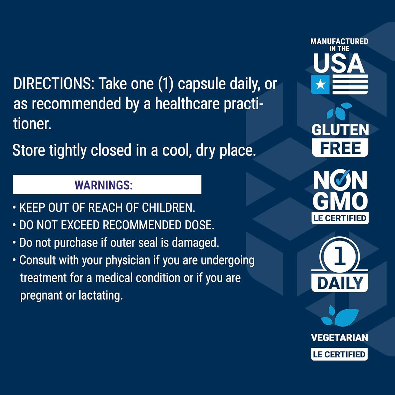 Directions and warnings with made in USA, gluten free, non-GMO and 1 daily icons