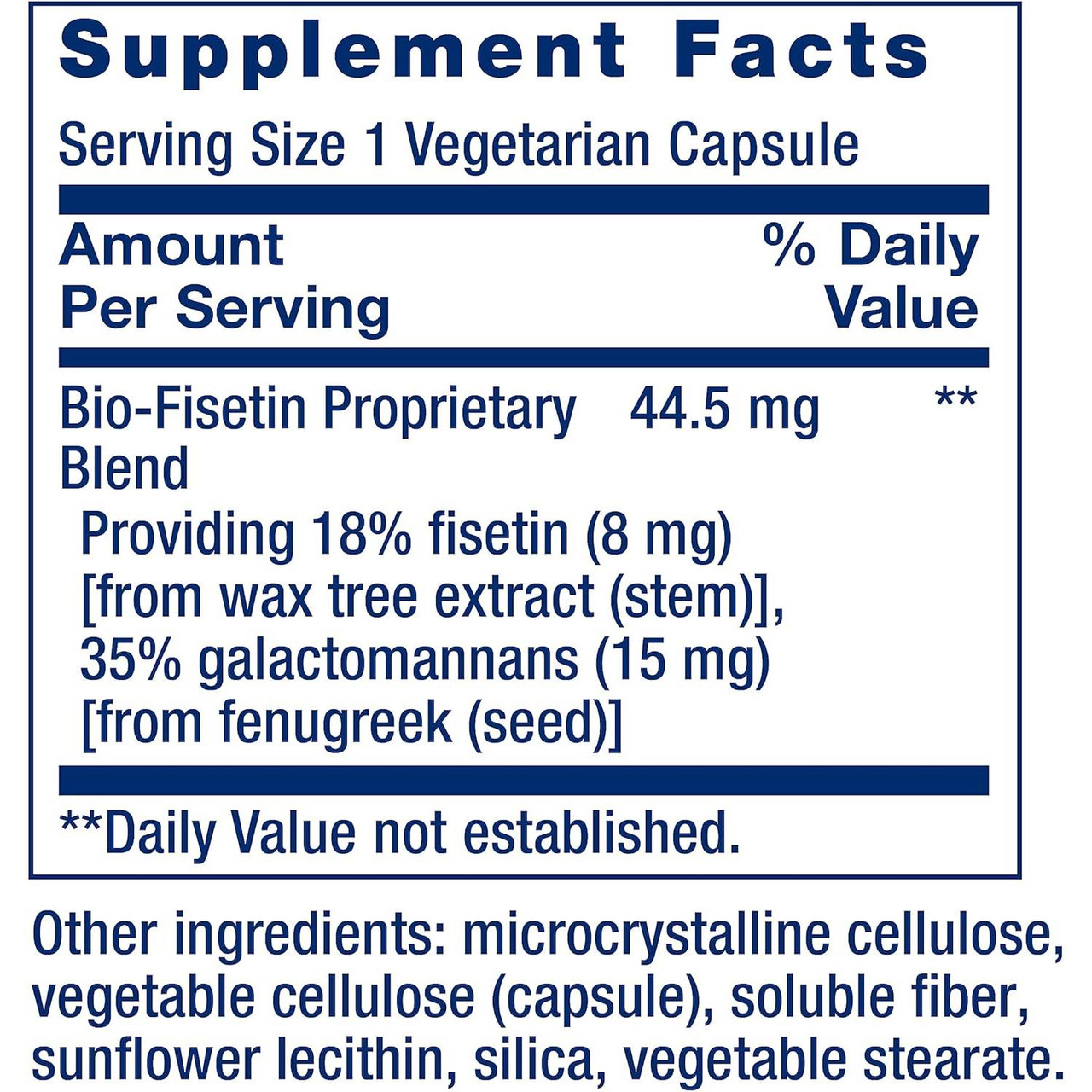 Bio-Fisetin supplement facts, 44.5 mg proprietary blend with 8 mg fisetin