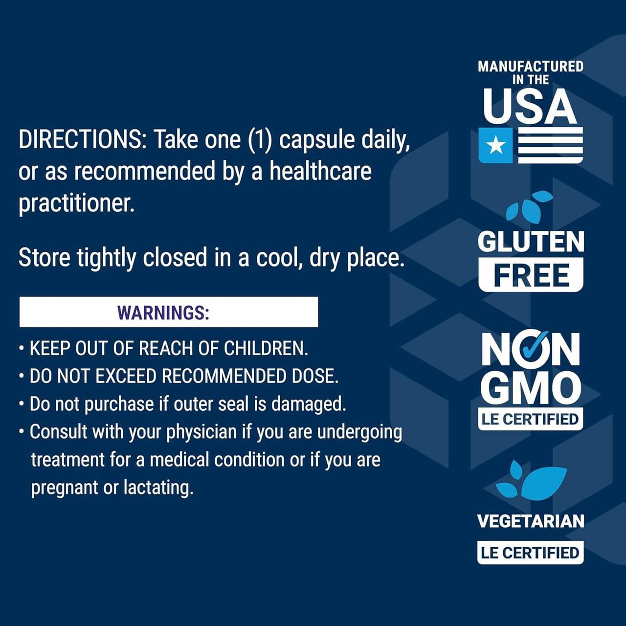 Directions and warnings with made in USA, gluten-free, non-GMO and vegetarian icons