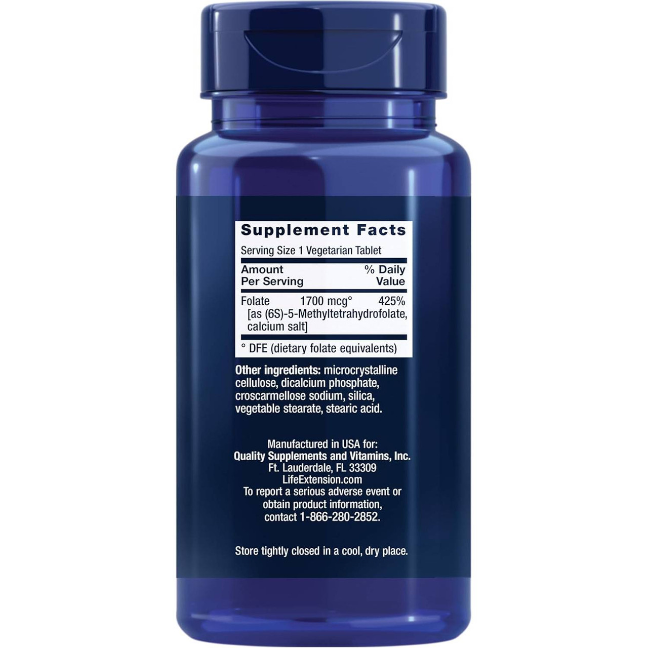 Optimized Folate bottle back with supplement facts