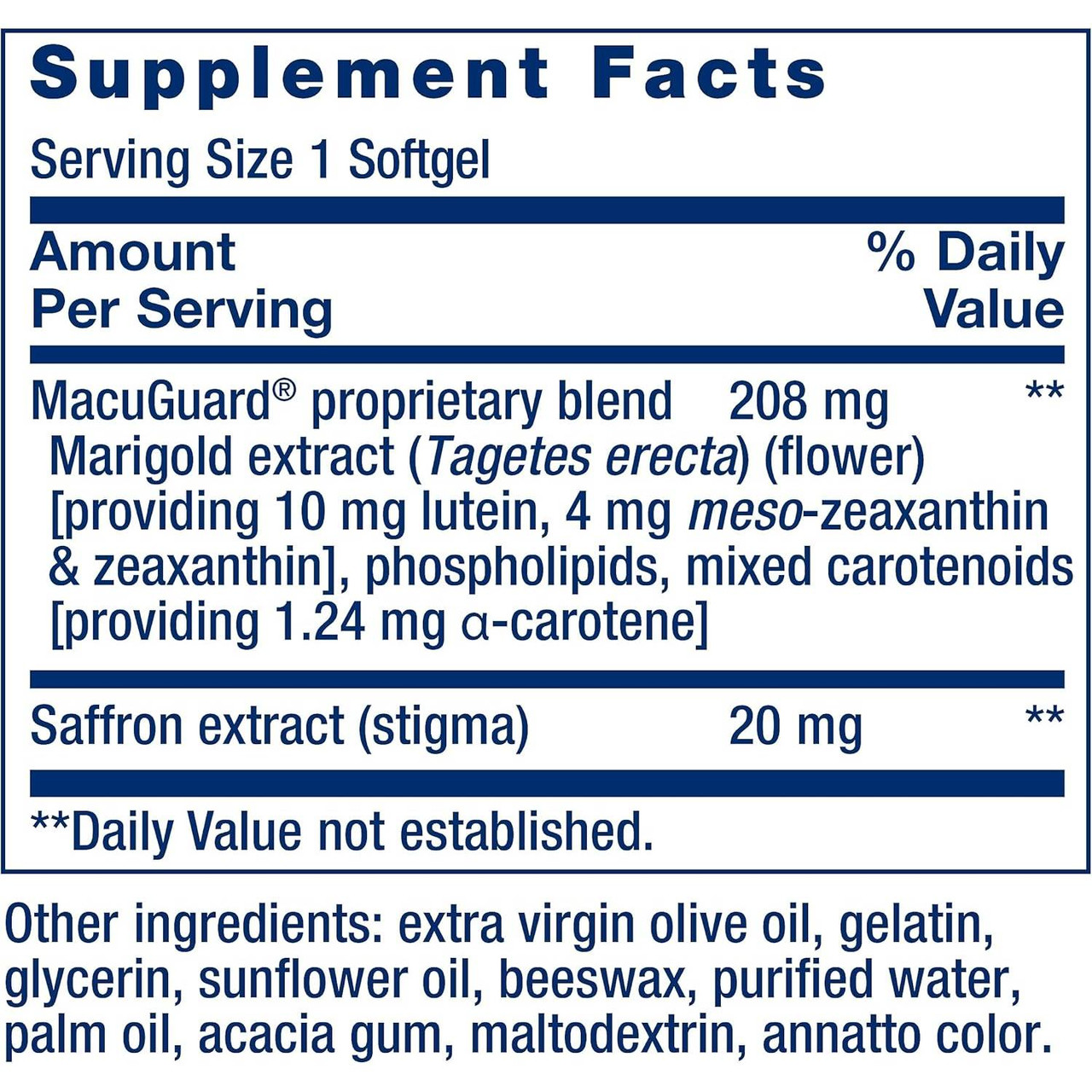 MacuGuard supplement facts with marigold extract, lutein, zeaxanthin and 20 mg saffron