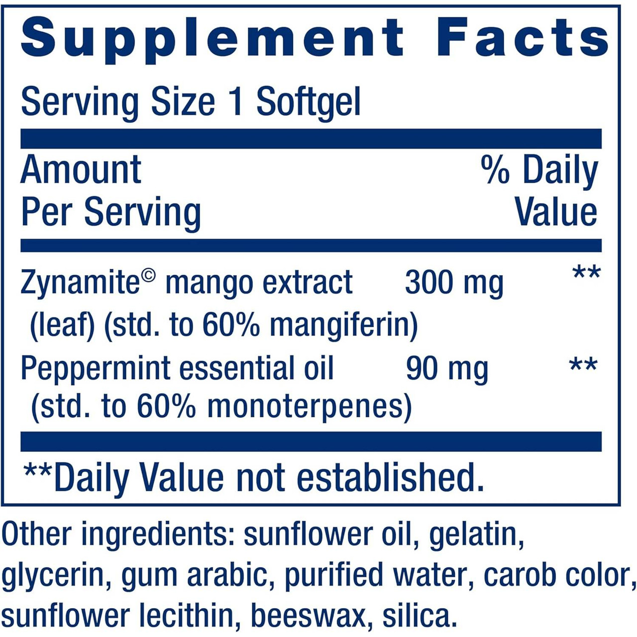 Brain Fog Relief supplement facts, 300 mg Zynamite mango leaf extract and 90 mg peppermint oil