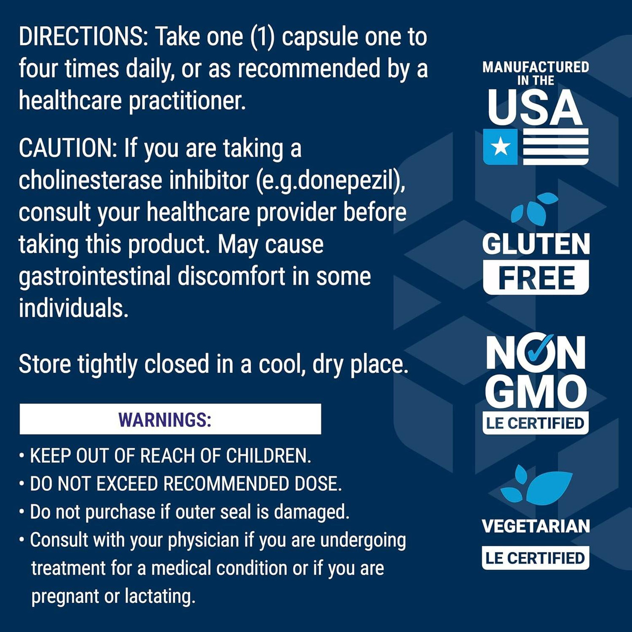 Directions, cautions and warnings with made in the USA, gluten free, non-GMO and vegetarian badges
