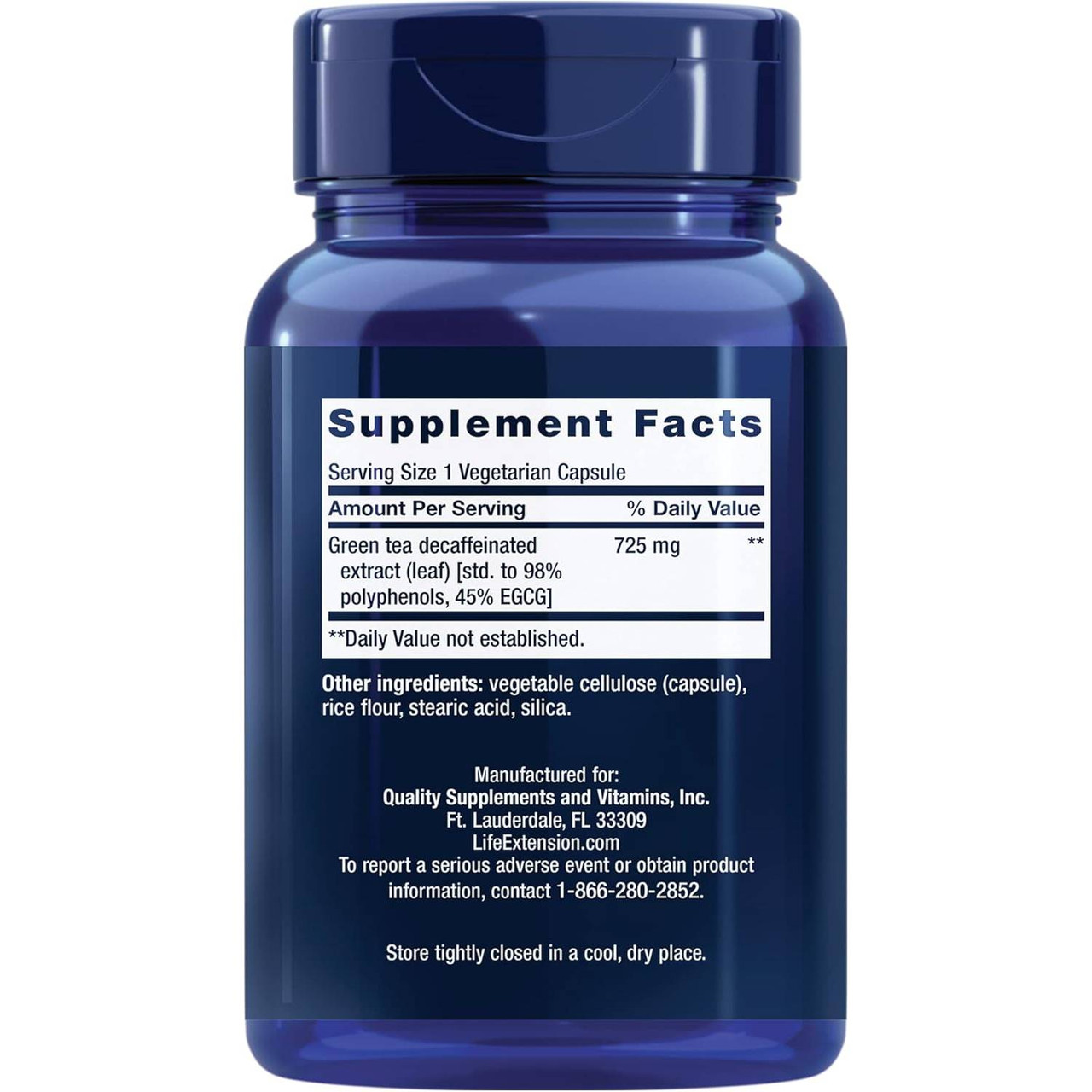 Mega Green Tea Extract bottle back with supplement facts