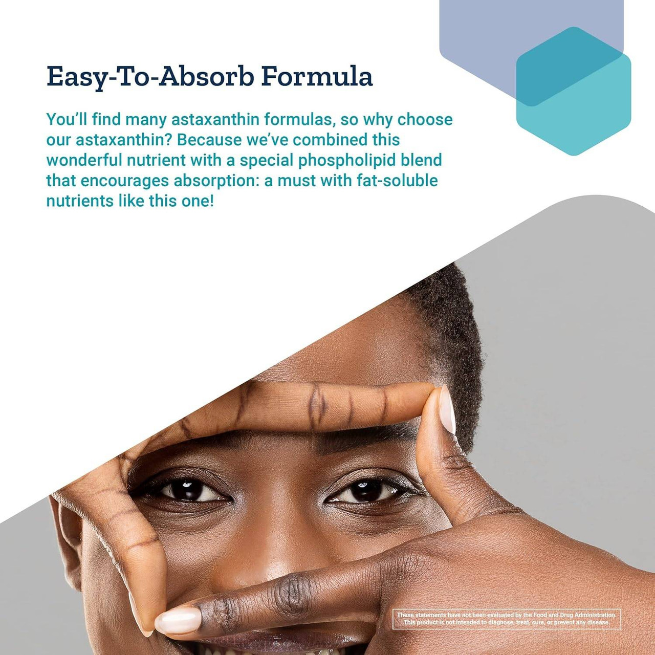 Woman framing her eye with her fingers, easy-to-absorb formula graphic