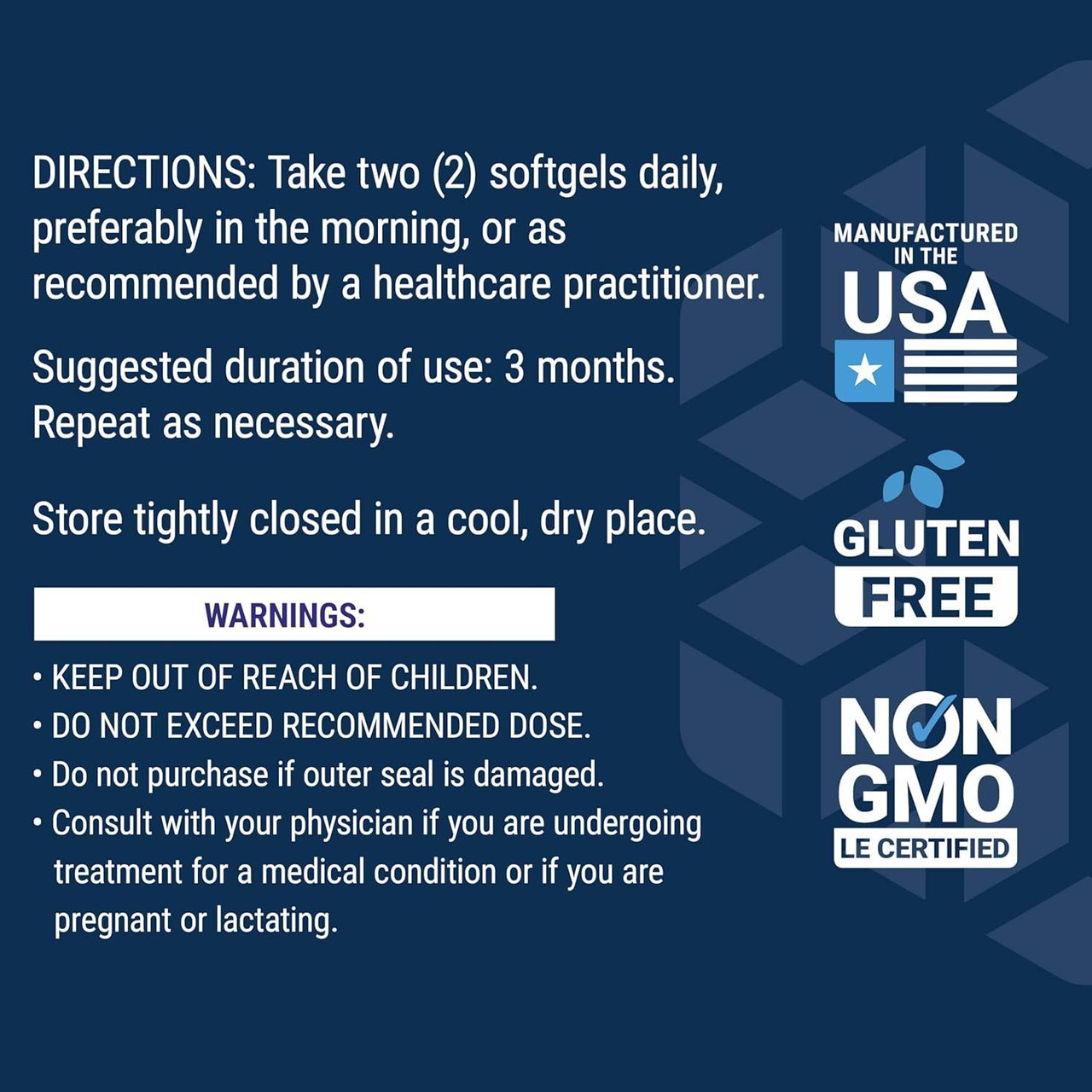 Youthful Legs directions and warnings with made in USA, gluten free and non-GMO icons