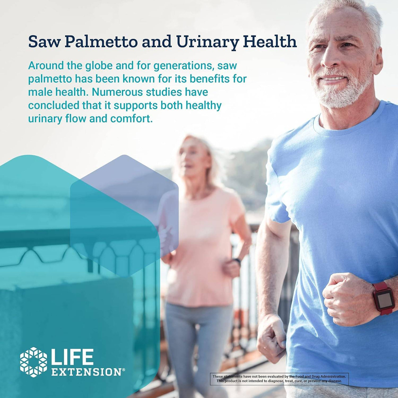 Older couple jogging, saw palmetto information graphic
