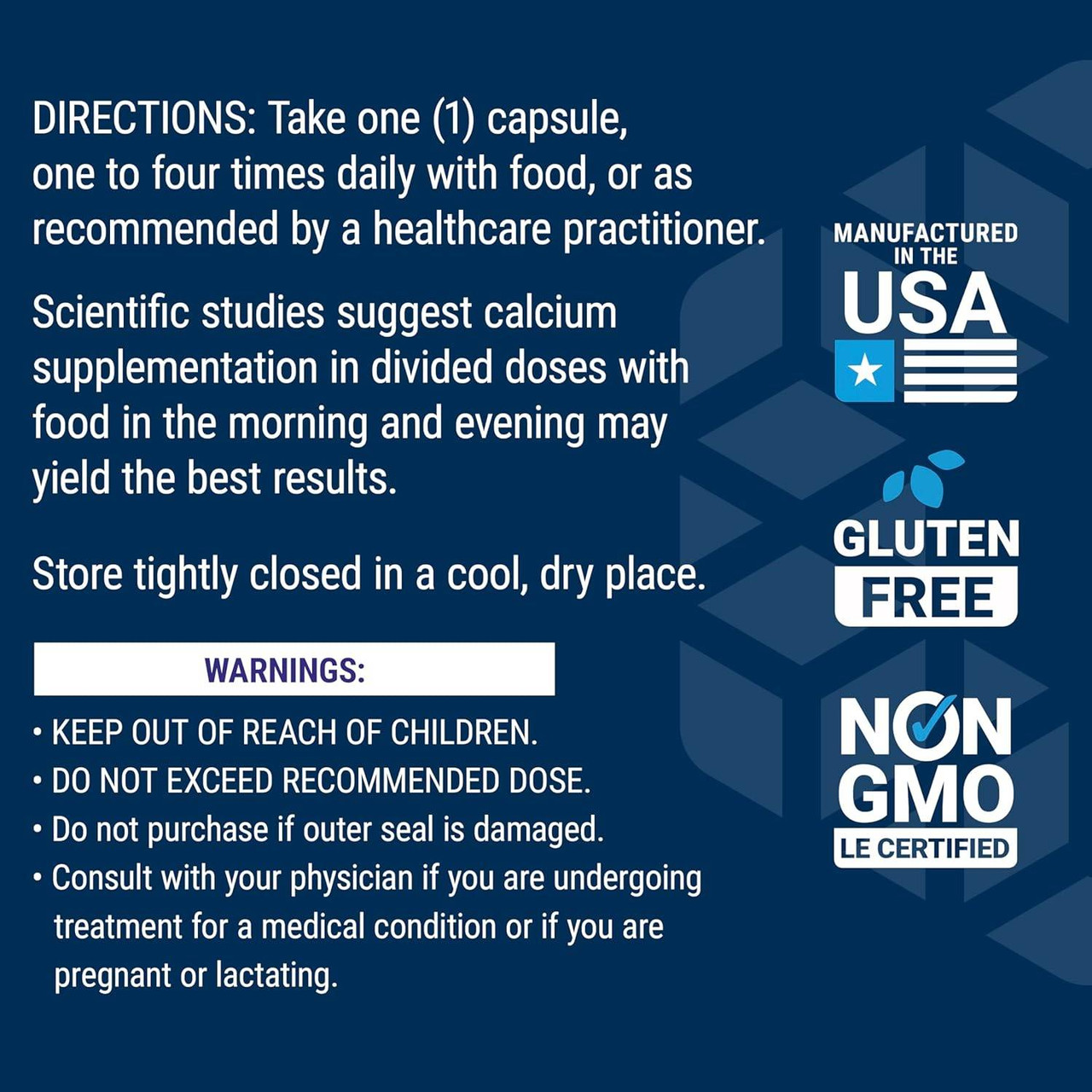 Calcium Citrate directions and warnings with made in USA, gluten free and non-GMO icons