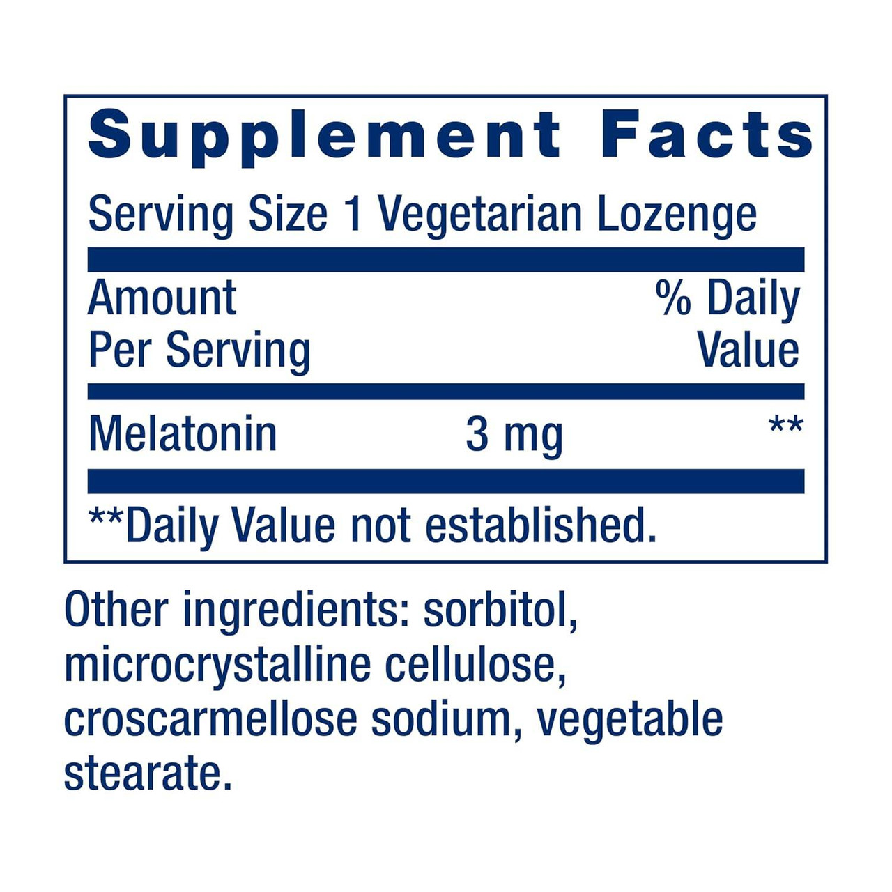 Melatonin supplement facts, 3 mg per vegetarian lozenge, with other ingredients