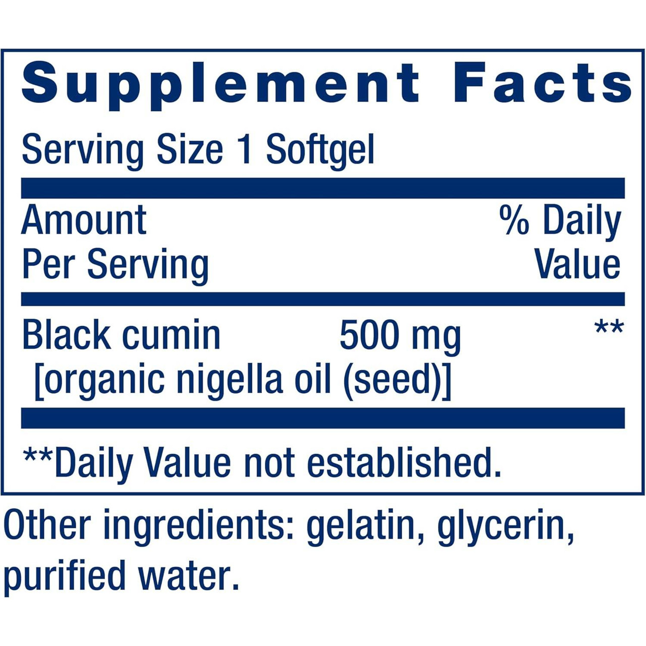 Black Cumin Seed Oil supplement facts, 500 mg organic nigella oil per softgel