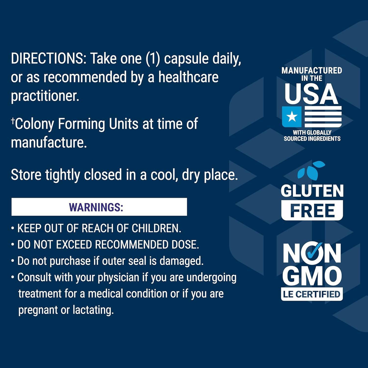 FLORASSIST Balance directions and warnings with made in USA, gluten free and non-GMO icons