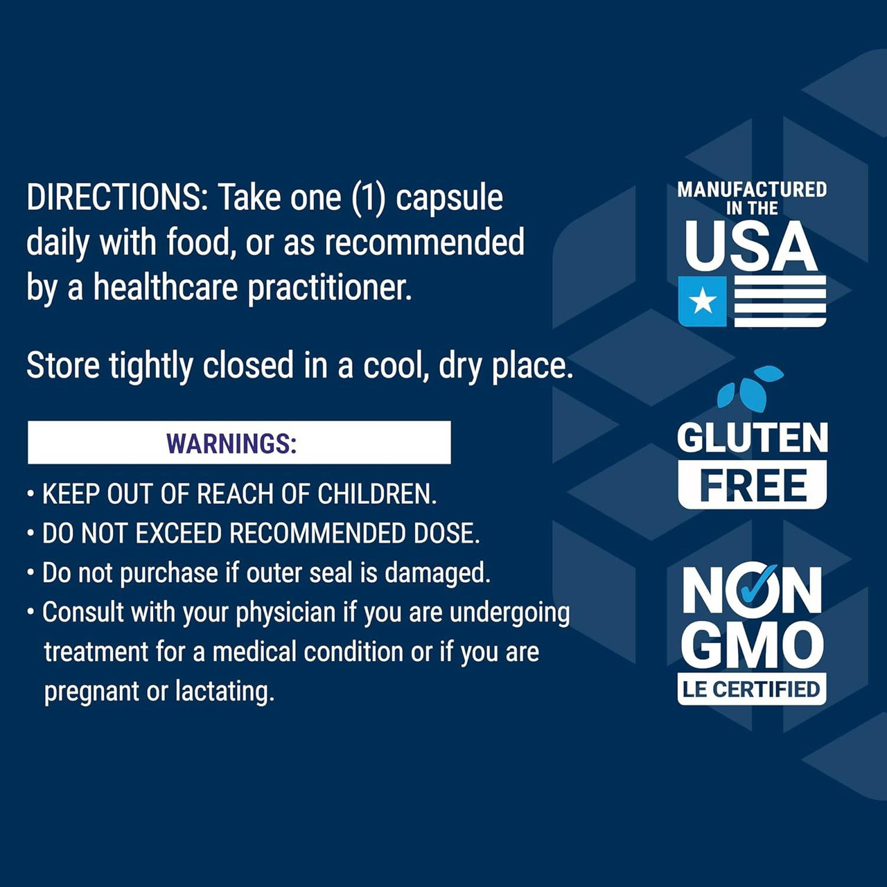 Glucosamine directions and warnings with made in USA, gluten free and non-GMO icons