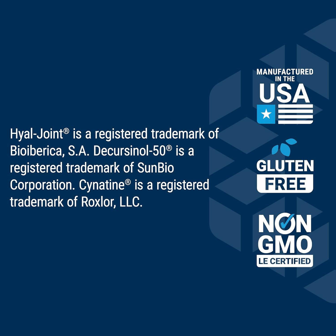 Fast-Acting Joint Formula trademark notices with made in USA, gluten free and non-GMO icons