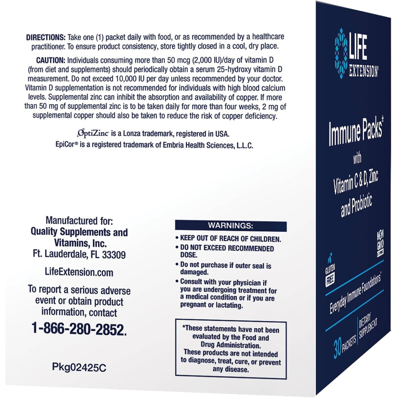 Immune Packs box side with directions and manufacturer details