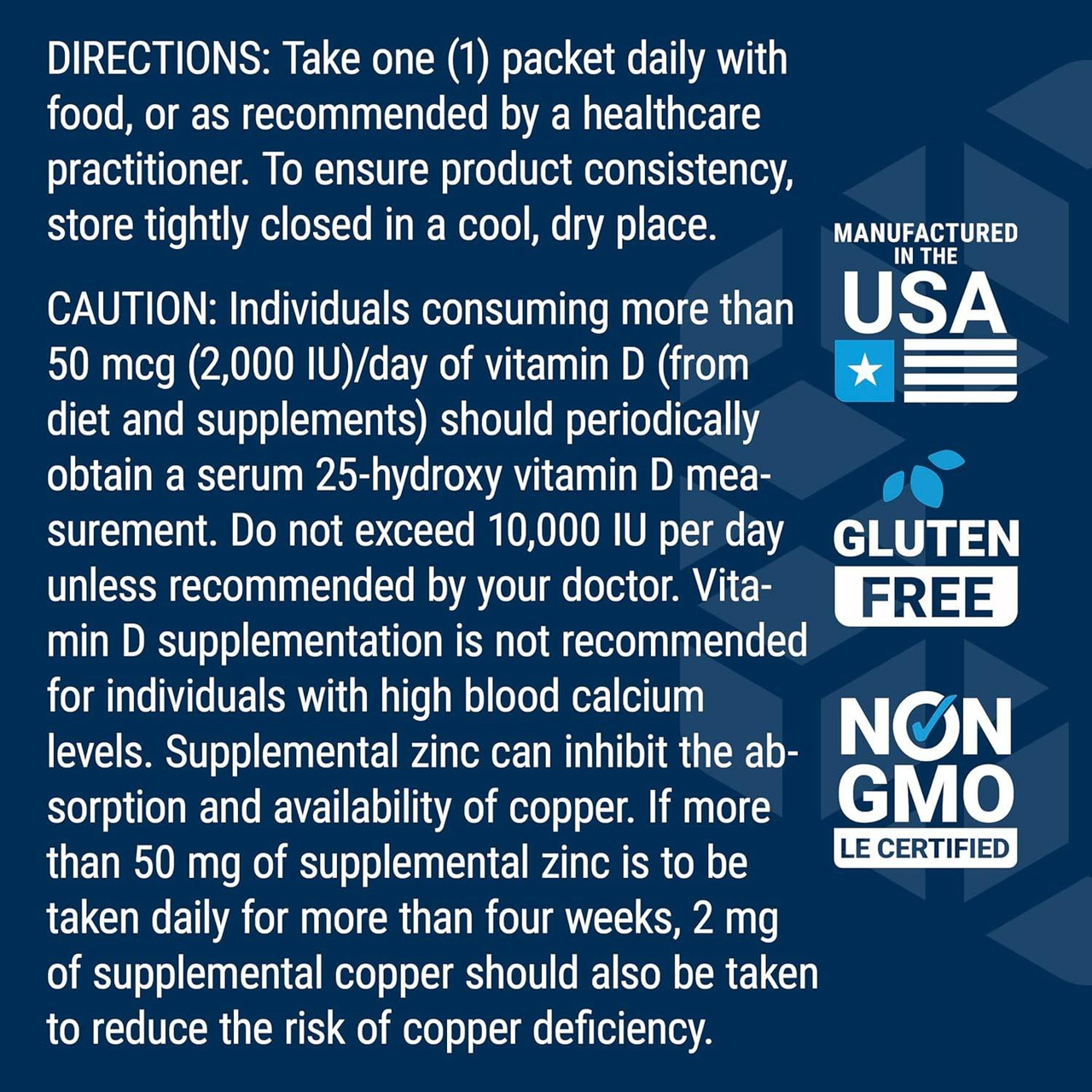 Immune Packs directions and caution text with made in the USA and non-GMO badges