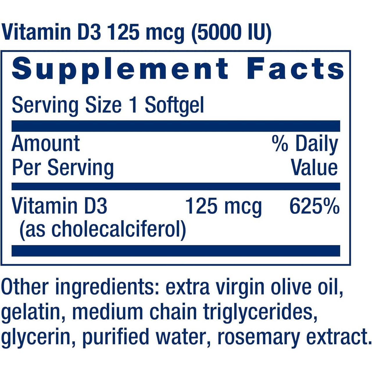Vitamin D3 125 mcg (5000 IU) softgel supplement facts