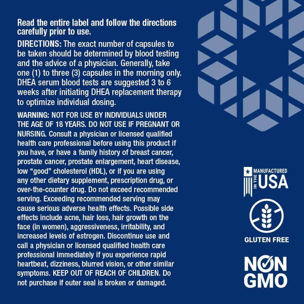 DHEA directions and warnings panel with made in USA, gluten-free and non-GMO icons
