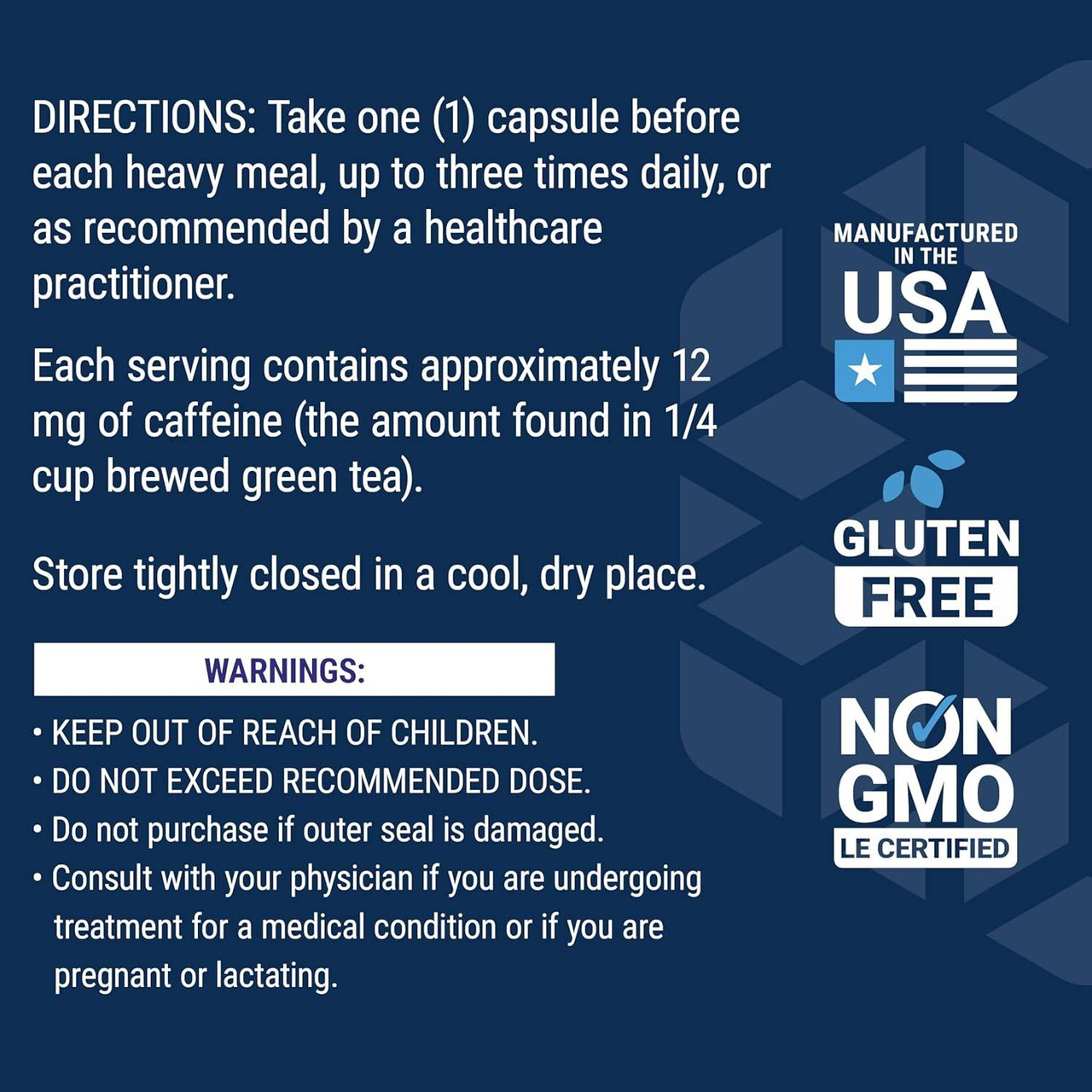 CoffeeGenic directions and warnings with made in the USA, gluten free and non-GMO icons