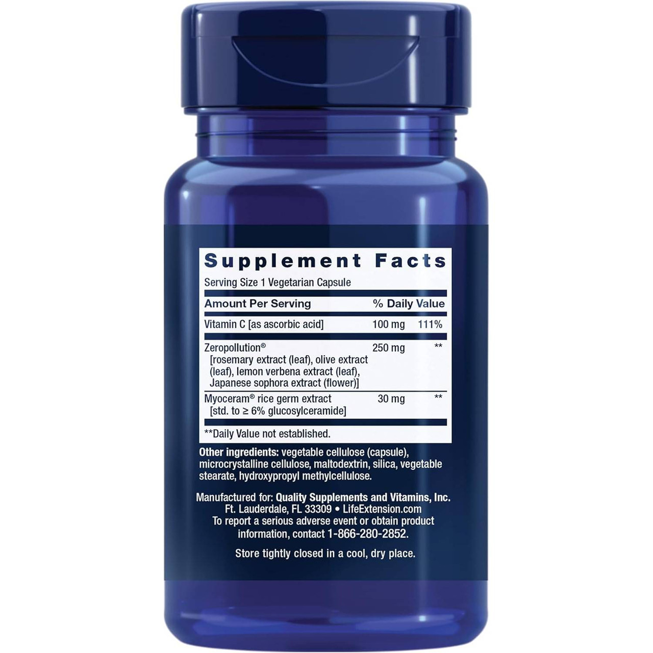 Back of Daily Skin Defense bottle with supplement facts panel