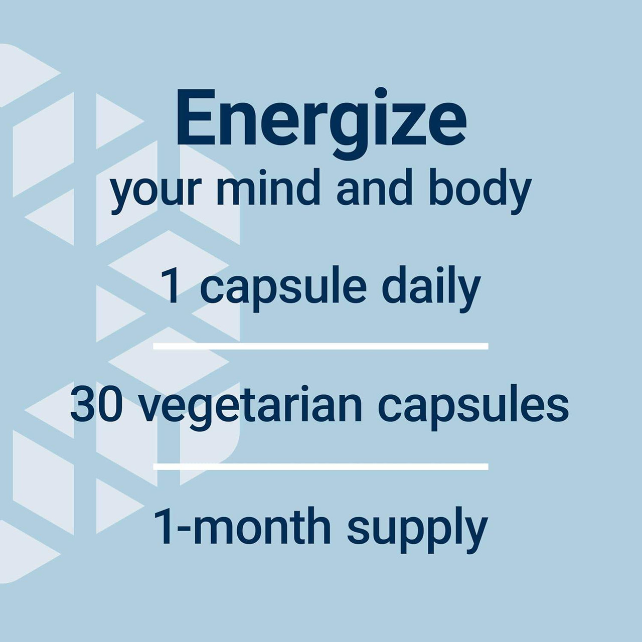 Ginseng Energy Boost dosage graphic, 1 capsule daily, 30 vegetarian capsules, 1-month supply