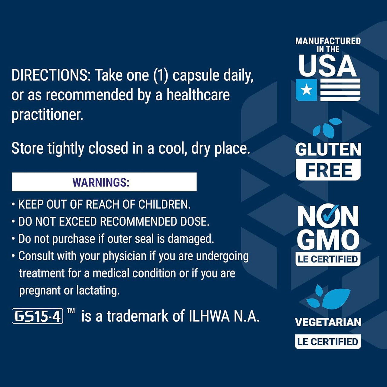 Ginseng Energy Boost directions and warnings with made in USA, gluten free and non-GMO icons