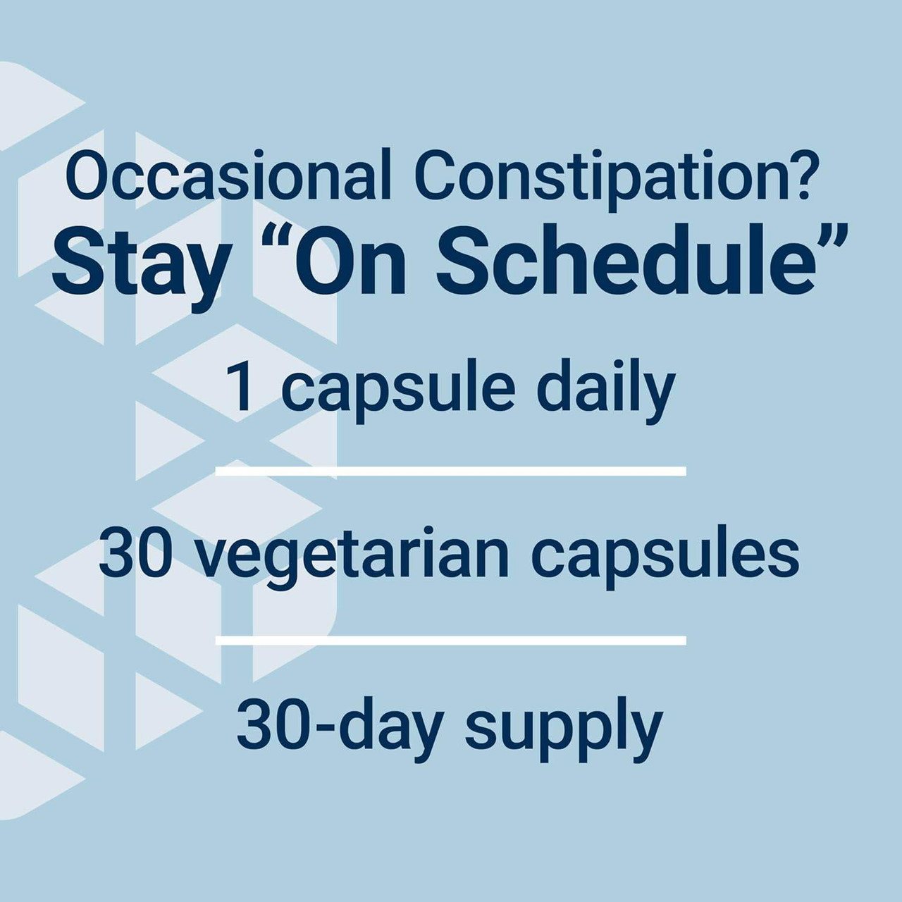 Daily Bowel Regularity dosage graphic, 1 capsule daily, 30 vegetarian capsules, 30-day supply