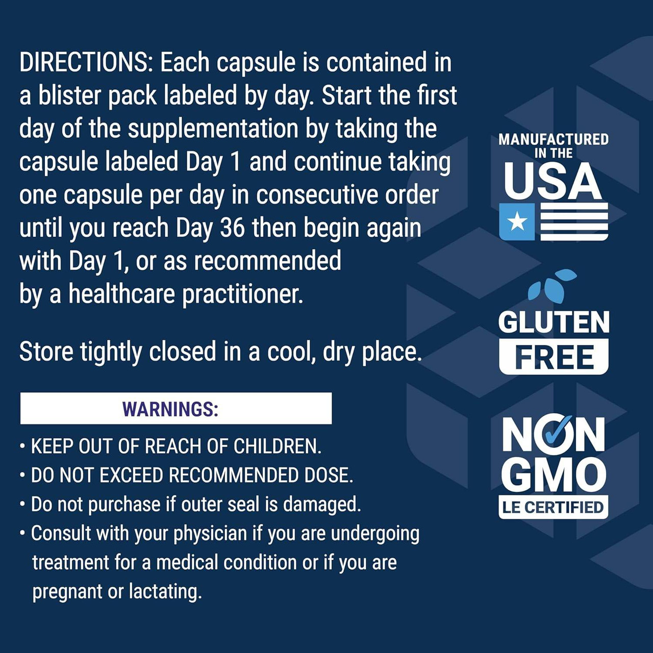 Directions and warnings with made in USA, gluten free and non-GMO icons