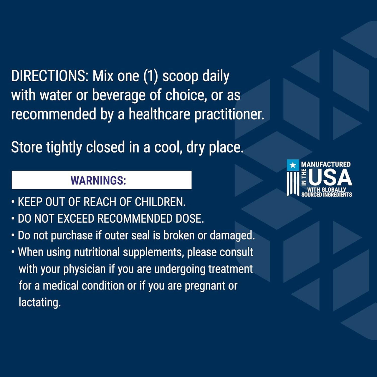 Directions and warnings: mix one scoop daily with water or beverage, made in the USA badge