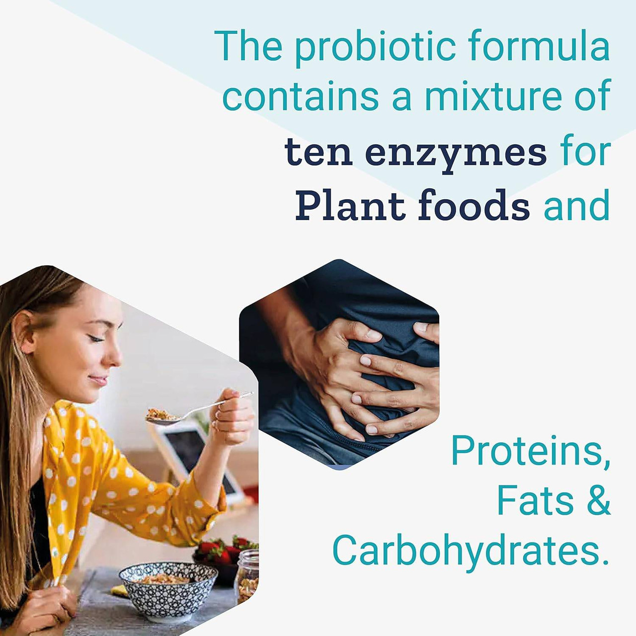 Woman eating, formula contains ten enzymes for plant foods, proteins, fats and carbohydrates